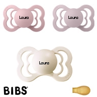 Bibs Supreme Schnuller mit Namen, Symmetrisch, Latex, Gr. 2, Pink Plum, Dusky Lilac, Haze, 3'er Pack